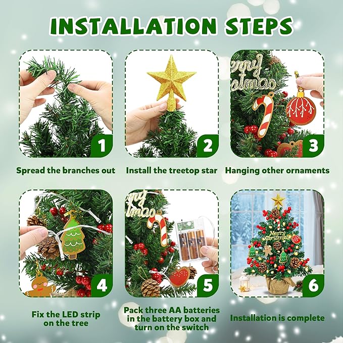 2FT Tabletop Mini Christmas Tree, 24 Inch Small Artificial Christmas Tree with Warm LED Lights, Star Treetop, DIY Ornaments, New Xmas Pine Tree Decoration for Kid Friend Family Holiday Home Office