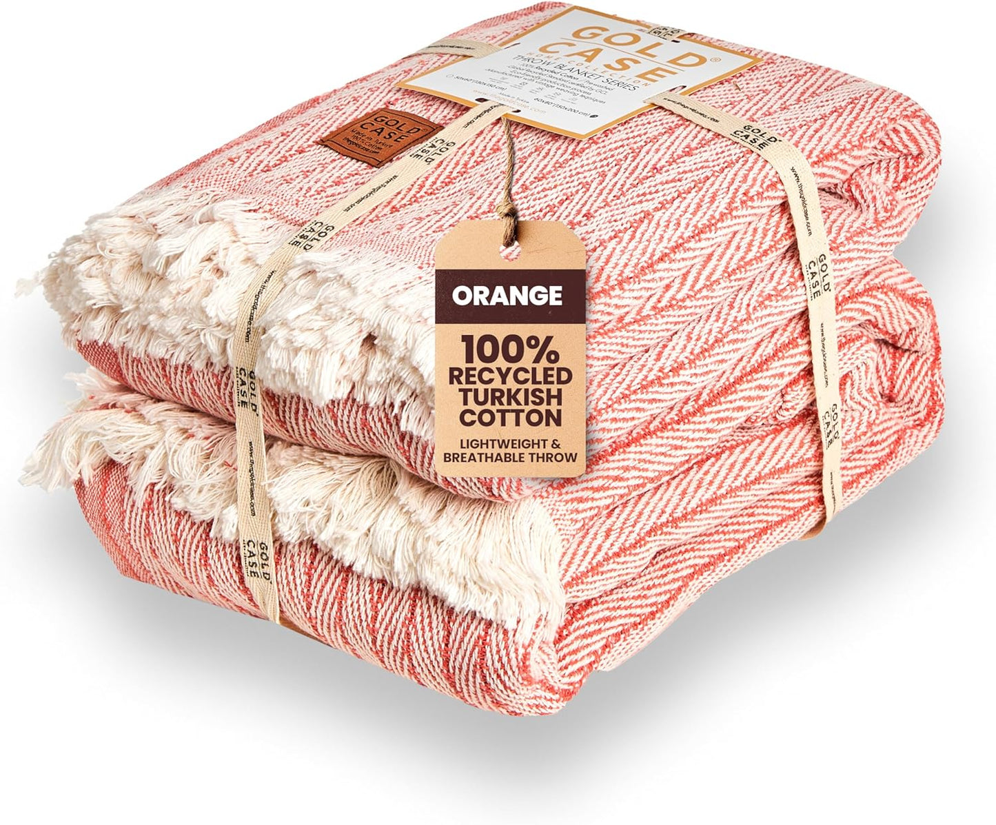 Gold Case Throw Blanket for Couch - 100% Recycled Turkish Cotton Blankets & Throws - Vintage Soft Throw Blankets for Living Room - Boho Decorative Woven Couch Blanket - 50x60 - Orange (Set of 2)