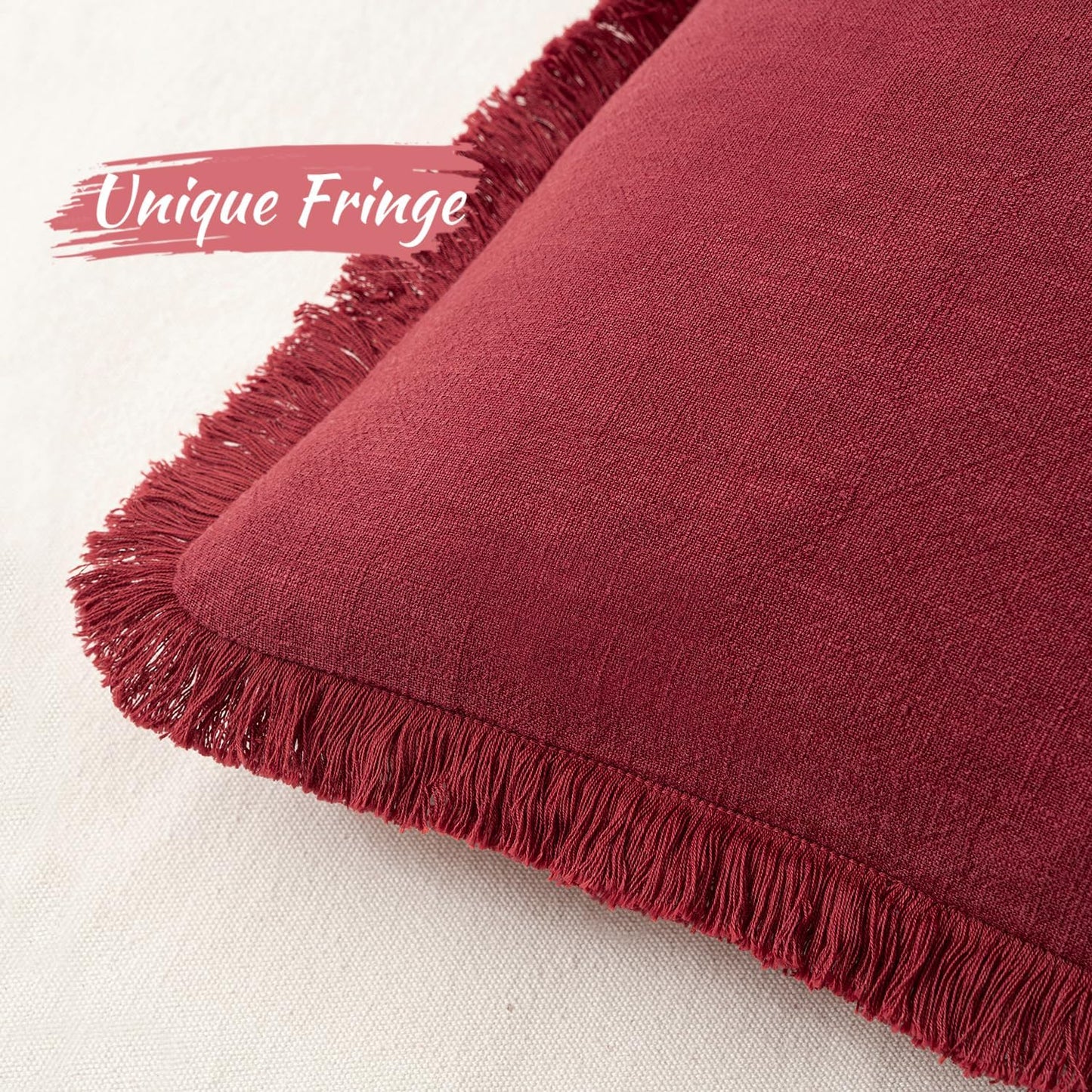 MIULEE Linen Pillow Covers 18x18 Inch Decorative Throw Pillows with Fringe Pack of 4 Soft Farmhouse Boho Couch Pillows Home Decors for Sofa Cushion Living Room Bed Dark Green and Burgundy