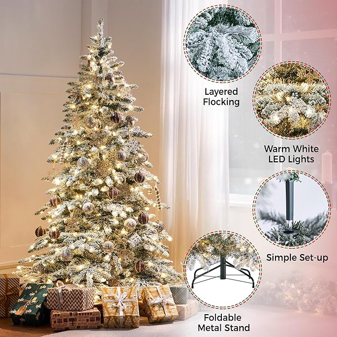 Yaheetech 6ft Pre-Lit Artificial Christmas Tree with 400 Warm White LED Lights & 940 PVC Tips,Hinged Snow Flocked Xmas Tree with Foldable Stand & Protective Foot Caps,Green & White