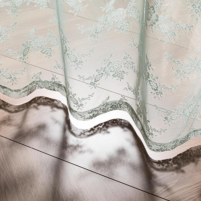 MEETSKY Boho Lace Curtains 45 Inch Length 2 Panels Set Vintage French Sheer Kitchen Curtains for Small Windows Back Tab Rod Pocket Transparent Light Filtering Drapes, 50" W Each Panel, Sage Green