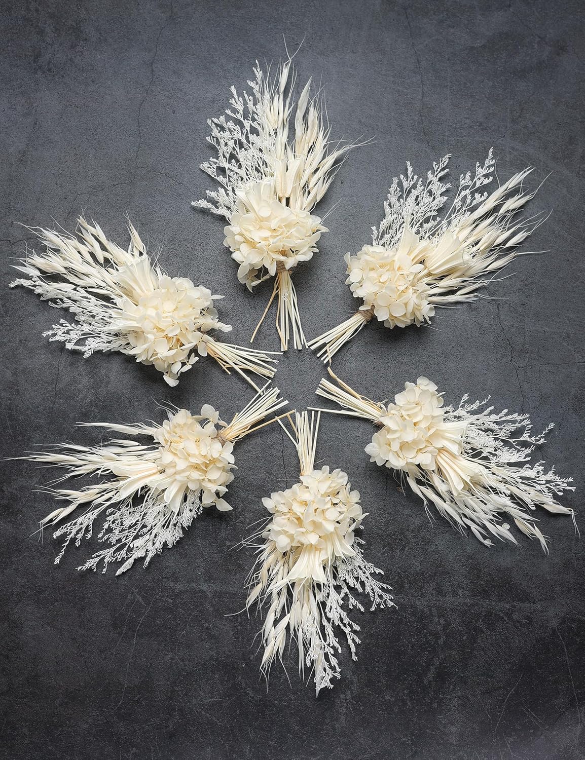 Mini Dried Flower Bouquet (Pack of 6), Handmade Craft Decoration, White Dried Flower Bouquet, Groom and Best Man Corsages. (White)