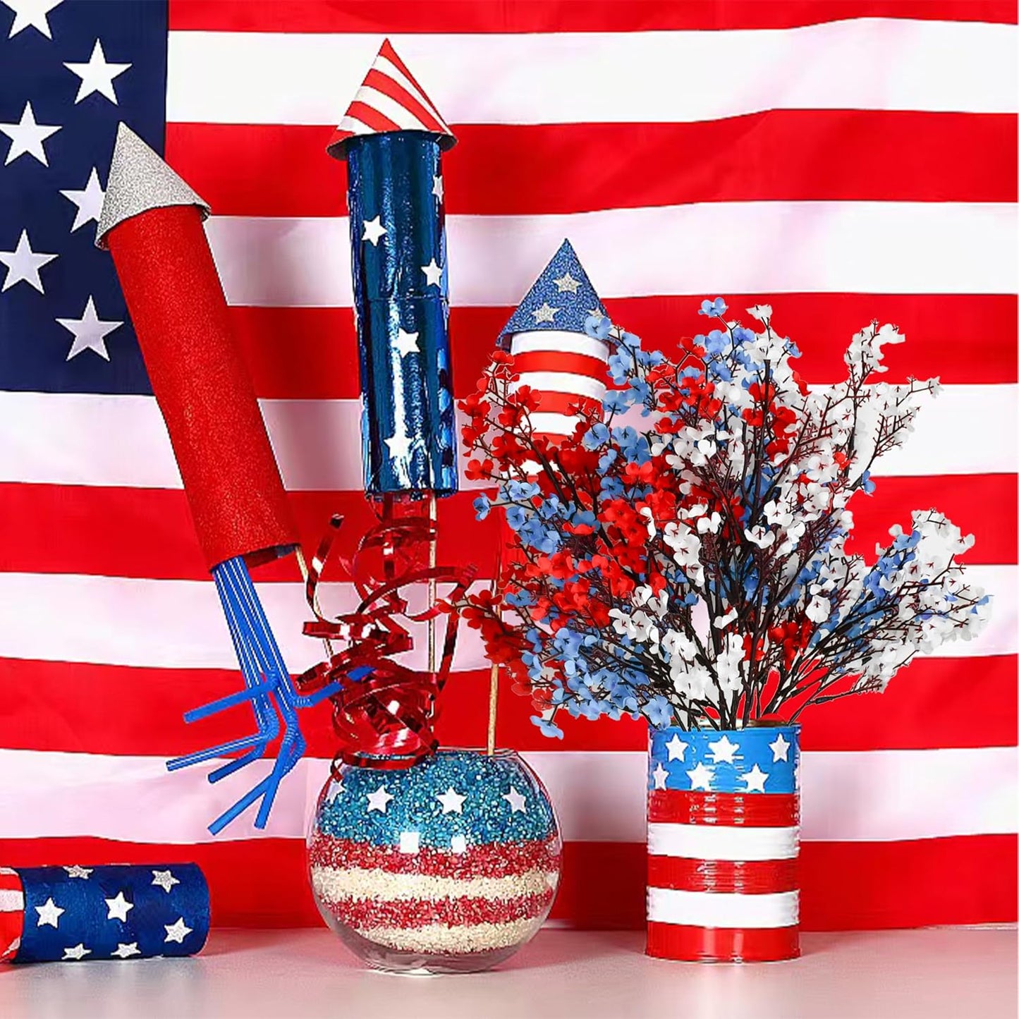 Mandy's Red White Blue Artificial Baby’s Breath Flowers 6 Bundles Silk Gypsophila with Bendable Stems for Fall Centerpiece Wedding Decor and Table Arrangements