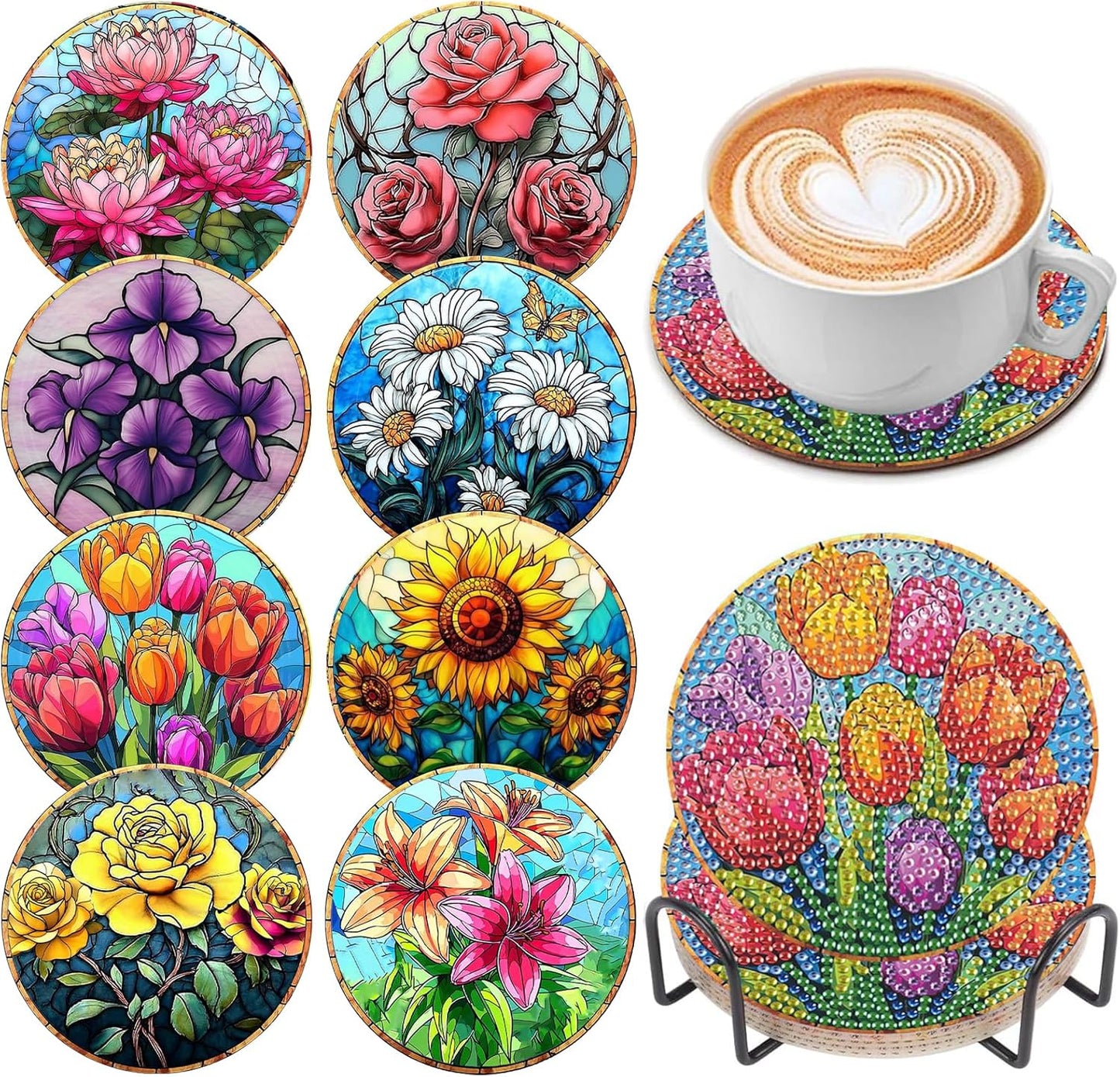 DOZEEZOP 8 PCS Flowers Diamond Art Coasters Kits, Diamond Painting Coasters with Holder and Cork Pads, Diamond Art Kits for Adults Beginners, Arts and Crafts Coaster Home Decor