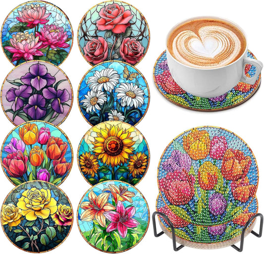 DOZEEZOP 8 PCS Flowers Diamond Art Coasters Kits, Diamond Painting Coasters with Holder and Cork Pads, Diamond Art Kits for Adults Beginners, Arts and Crafts Coaster Home Decor