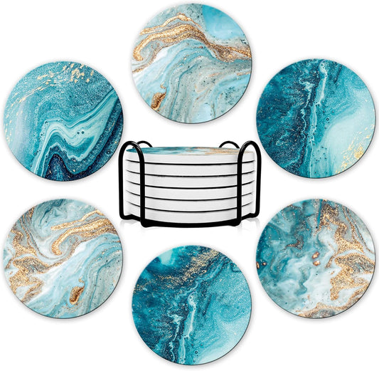 Dooke Coasters for Drinks, Round Absorbent Ceramic Stone Coasters Set of 6 with Cork Base,Funny Coaster with Holder for Cold Drinks Wine Mugs and Cups Tabletop Protection, 4 Inches,Teal Marble