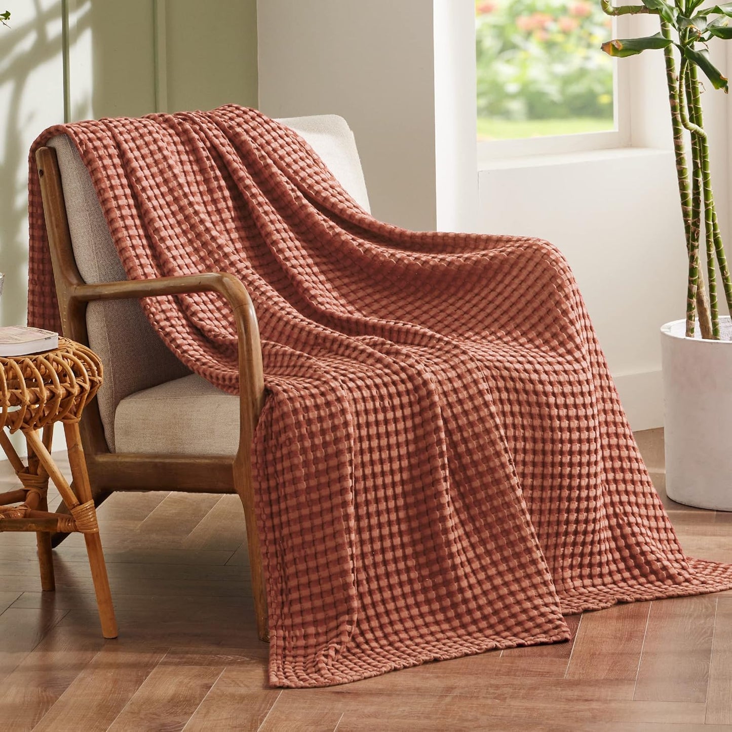 Bedsure Cooling Cotton Waffle Twin XL Blanket - Lightweight Breathable Blanket of Rayon Derived from Bamboo for Hot Sleepers, Luxury Throws for Bed, Couch and Sofa, Red Orange, 66x90 Inches
