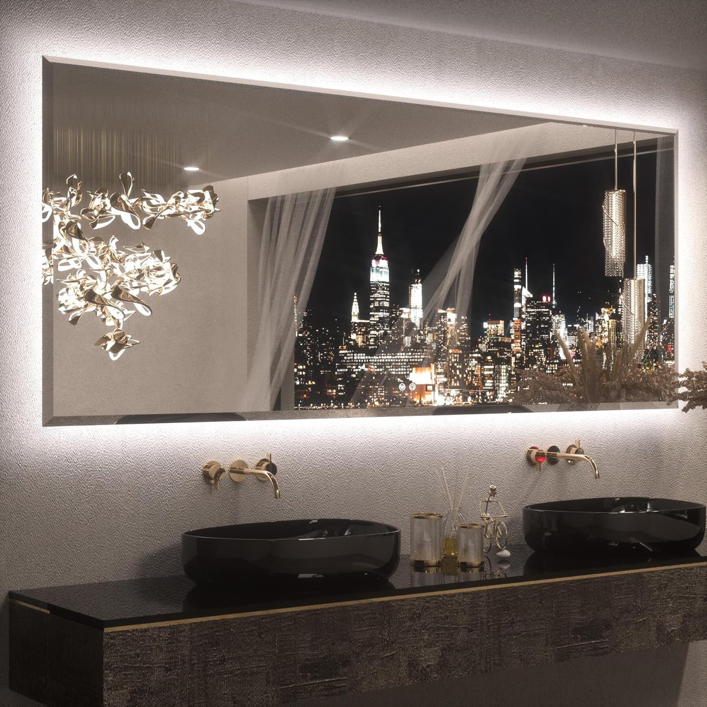 Keonjinn 84 x 36 Inch Oversized Backlit Bathroom Mirror with Lights, Large LED Vanity Mirror for Wall, Frameless Beveled Edge, Tempered Glass, UL-Listed, 3000K/4500K/6500K, Defogging, Dimmable