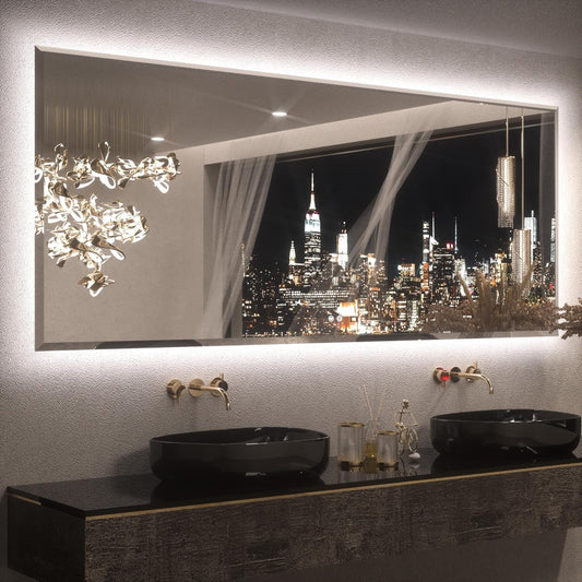 Keonjinn 84 x 36 Inch Oversized Backlit Bathroom Mirror with Lights, Large LED Vanity Mirror for Wall, Frameless Beveled Edge, Tempered Glass, UL-Listed, 3000K/4500K/6500K, Defogging, Dimmable