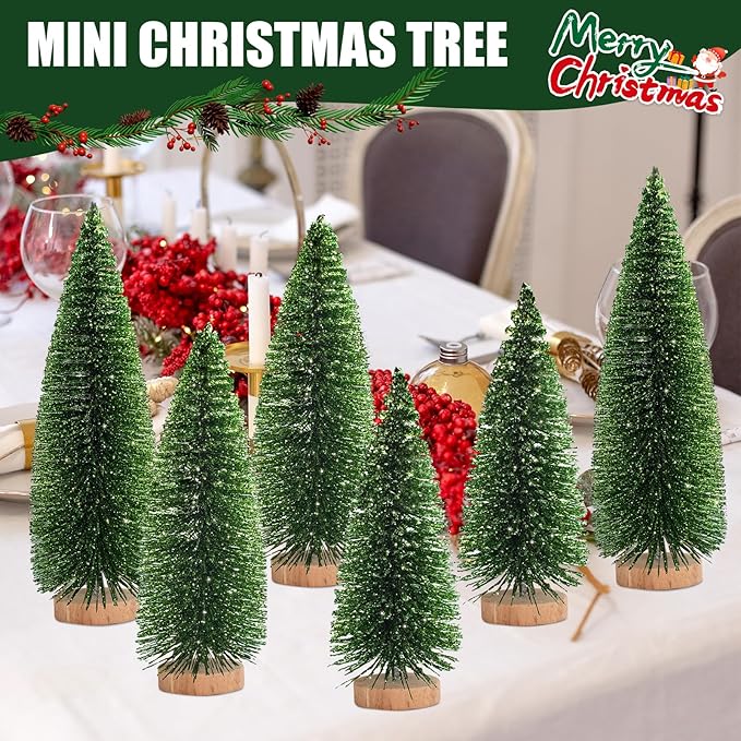 12 Pcs Mini Christmas Tree, Tabletop Christmas Tree with Wooden Bases Artificial Mini Tree with 3 Sizes Christmas Table Decor Bottle Brush Trees for Christmas Decorations (Green Glitter)