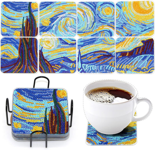 Diamond Art Coasters Kit with Holder, 8 Pcs Diamond Art Coasters for Adults Kids Beginners Crafts Gifts (Starry-Night)