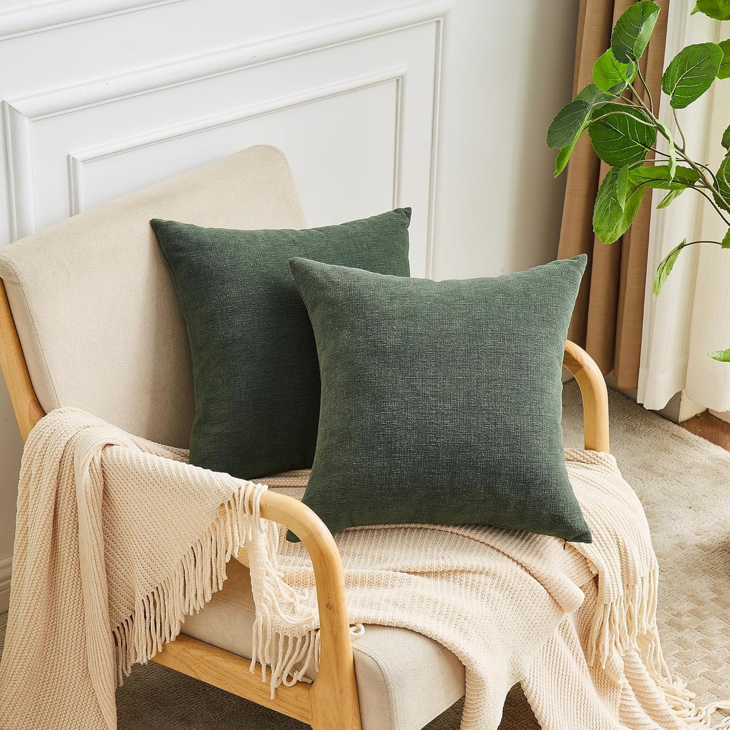 GAWAMAY Decorative Square 16"x16" Inch Throw Pillow Covers Set of 2, Super Soft Chenille Pillows Farmhouse Pillowcase for Living Room Bedroom Sofa Couch Cushion Cover Dark Green 40x40cm (No Insert)