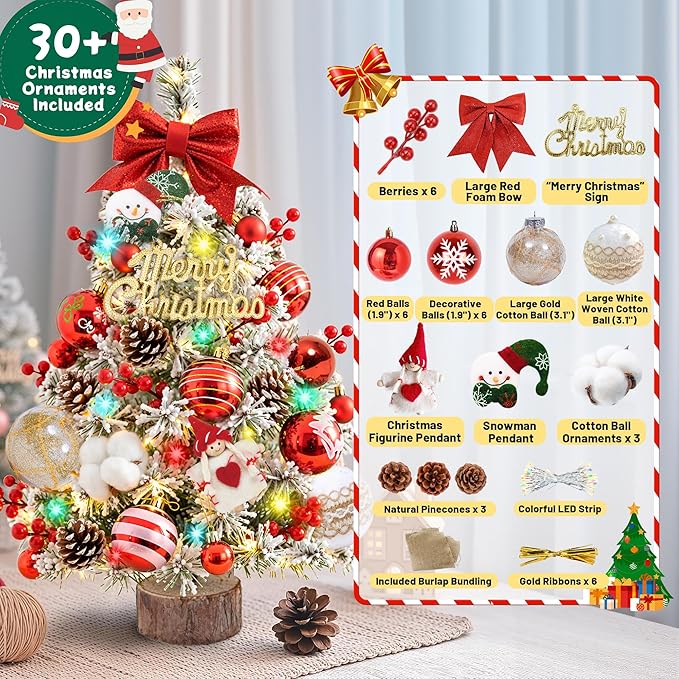 24 Inch Tabletop Christmas Tree with DIY Decorations,Snow Flocked Mini Xmas Tree with Multicolor LED Lights, Red Bow Topper, Pinecones, Rustic Wood Base, for Home Office Desk Classroom