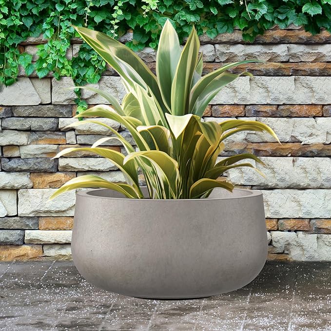 Kante 19.6" Dia Round Concrete Planter, Cement Plant Pots with Drainage Hole and Rubber Plug for Outdoor Indoor Garden Home, Modern Curvaceous Design, Weathered Concrete