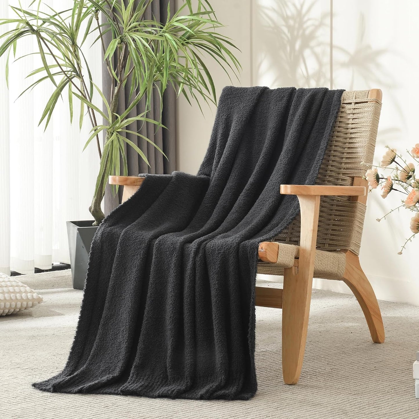 JOOJA Knitted Dark Grey Black Throw Size Blanket Polyester Soft Fleece Blanket for Couch Bed Sofa 50x60 Inches Charcoal Gray