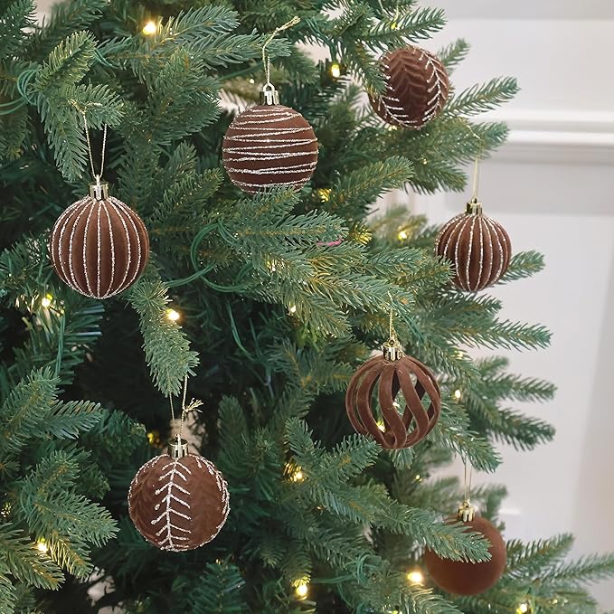 3.15INCH Brown Velvet Ornaments for Christmas Tree, 12PCS Glitter Flocked Christmas Ornaments Decorations Balls Set Decor