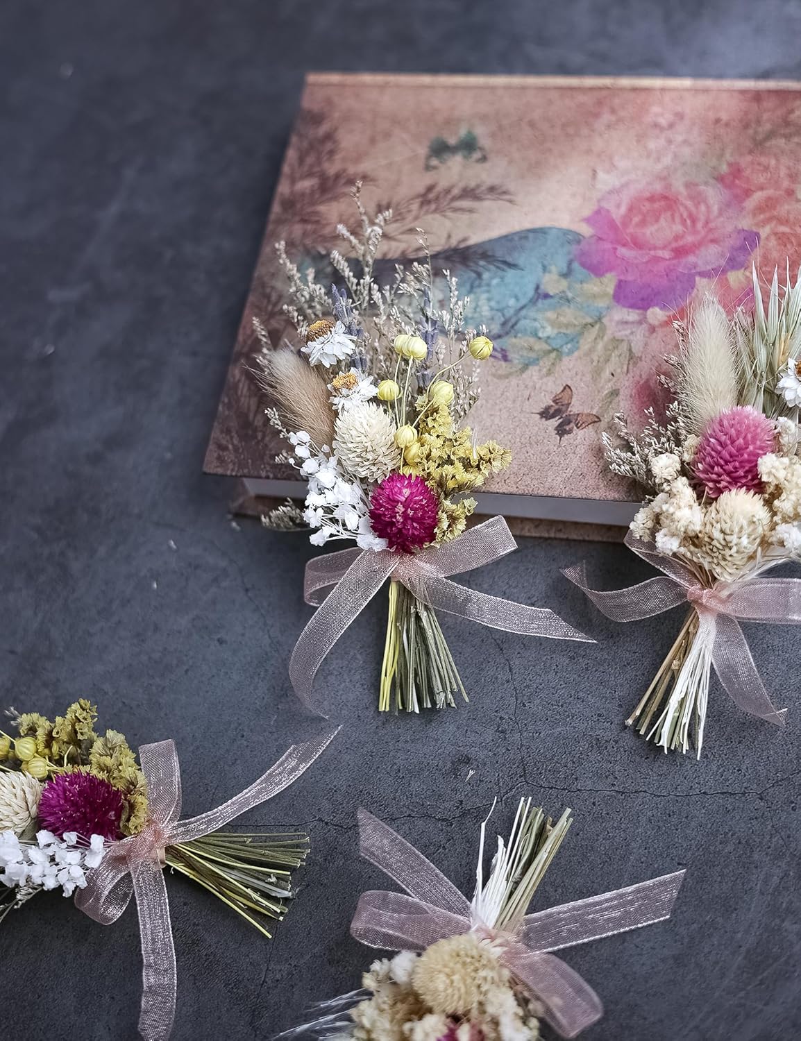 Mini Dried Flower Bouquet Set of 6, Pink Mini Bouquet, Party Plate Decoration, Bridesmaid Flower Girl Proposal Box, Birthday Cake Table Arrangement, Wall Decoration. (Pink)