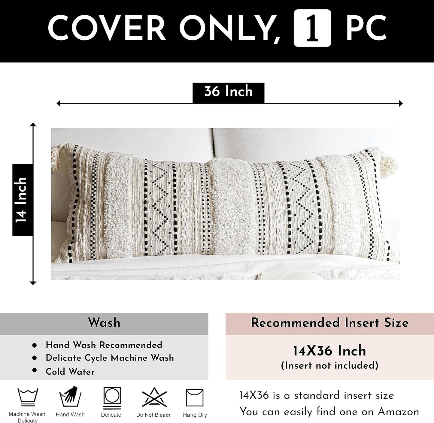 BlissBlush Black Neutral Decorative Lumbar Throw Pillow Cover 14x36 Boho Long Cushion for Bed Accent Farmhouse Pillowcase for Bedroom Living Room Couch Sofa Home Décor (Cover ONLY, Pack of 1)