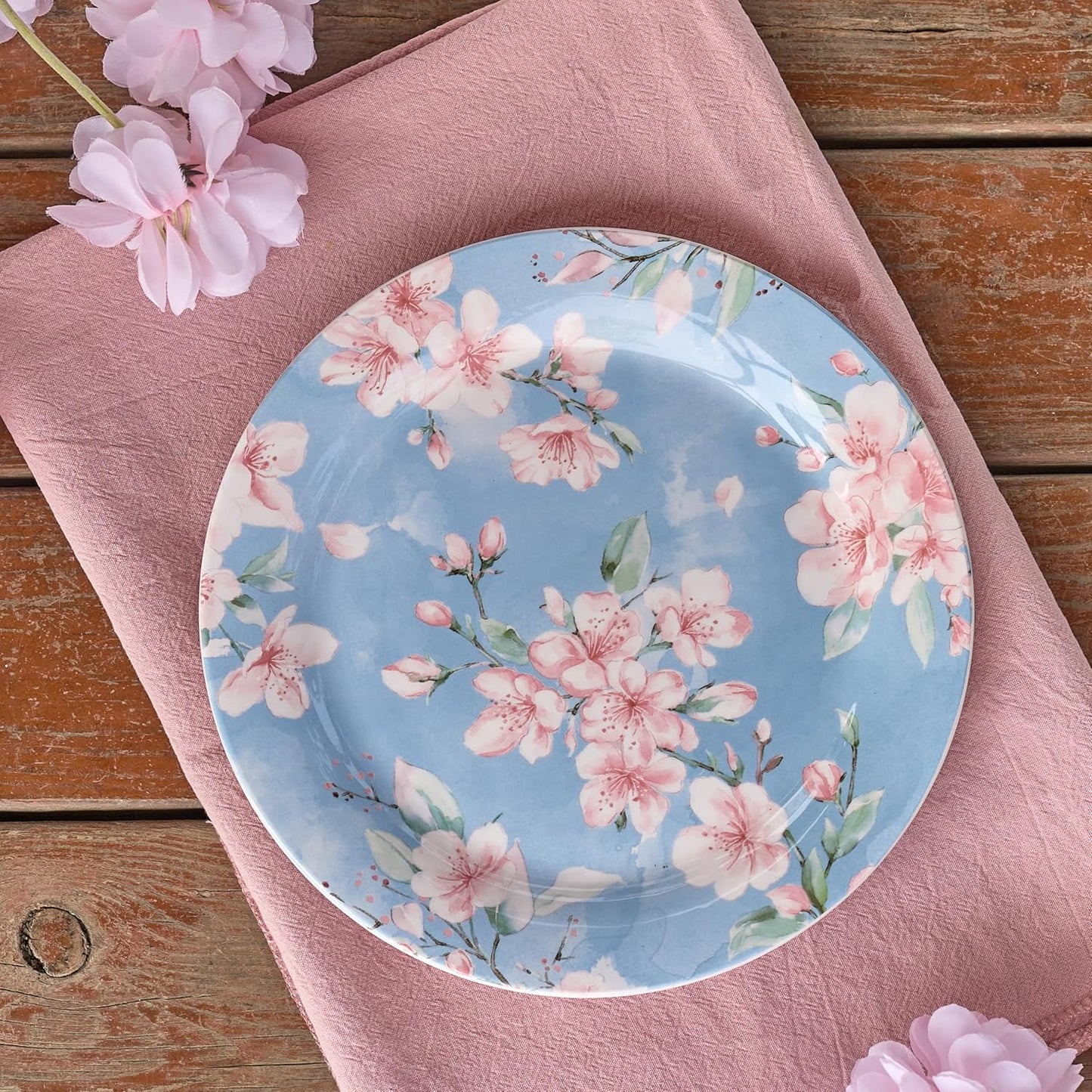 Bico Spring Sakura Salad Plates Set of 4, 8.75 Inch Ceramic Dessert Plates for Salad, Appetizer, Side Dishes, Microwave and Dishwasher Safe, Gift for Housewarming and Thanksgiving