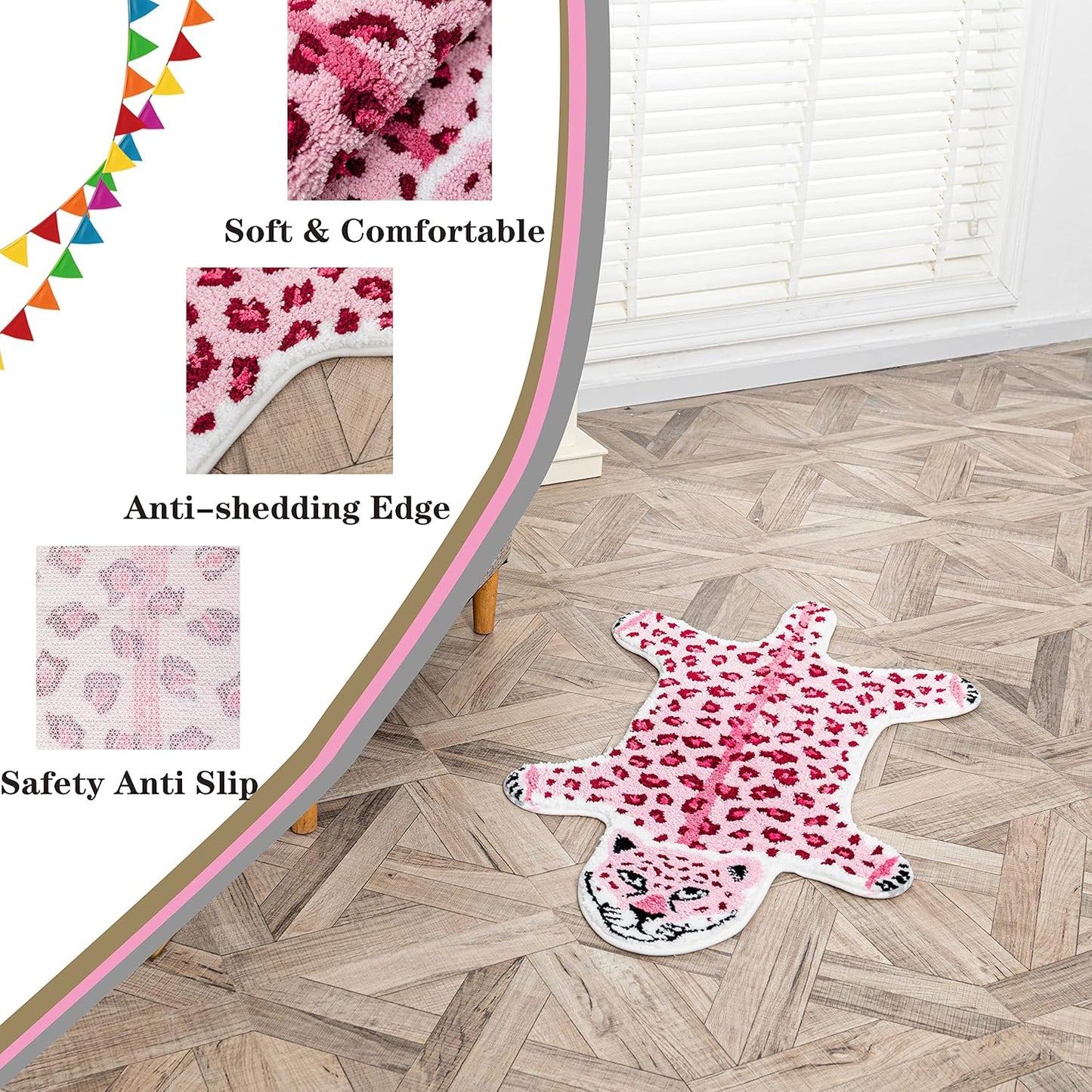 Funny Pink Leopard Bath Mat for Bathroom, Cute Cartoon Bathroom Rugs Non Slip Animal Shaped Absorbent Preppy Bathtub Rug Decor Aesthetic Plush Shower Rugs Machine Washable 23.6x39.3in