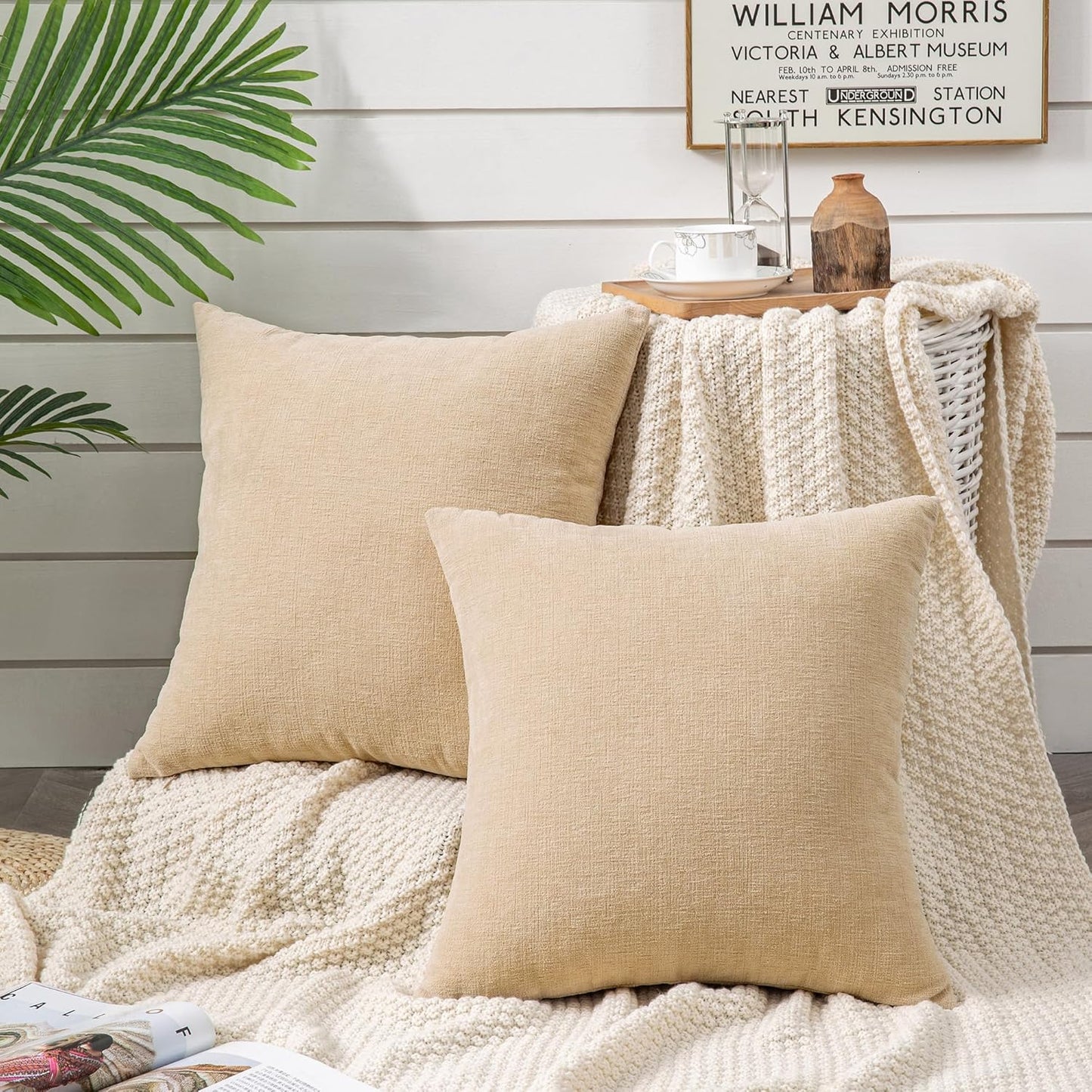 GAWAMAY Decorative Throw Pillow Covers 16x16 Inch Set of 2, Super Soft Chenille Square Pillows Farmhouse Fall Pillowcase for Living Room Bedroom Sofa Couch Cushion Cover Beige 40x40cm (No Insert)