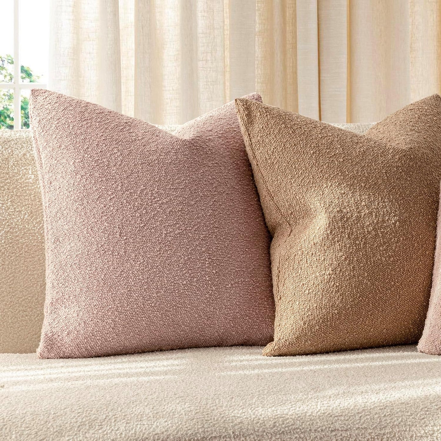 Foindtower Set of 2, Decorative Textured Boucle Throw Pillow Covers Accent Solid Pillow Cases Neutral Soft Cozy Couch Cushion Case for Chair Sofa Bedroom Living Room Home Decor 16 x 16 Inch Light Pink