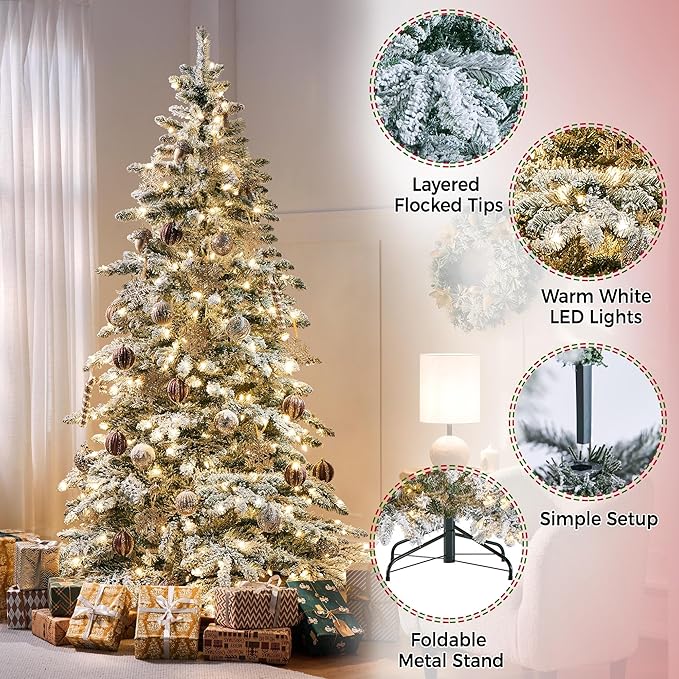 Yaheetech 7.5ft Pre-Lit Artificial Christmas Tree with 550 Warm White LED Lights & 1278 PVC Tips,Hinged Snow Flocked Xmas Tree with Foldable Stand & Protective Foot Caps,Green & White