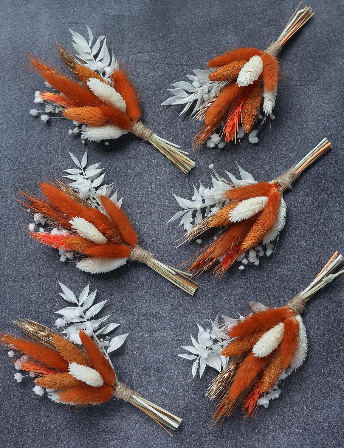 Mini Dried Flower Bouquet (Pack of 6), Fall Dried Flower Bouquet, boutonnieres for Groom and Groomsmen. (Orange)