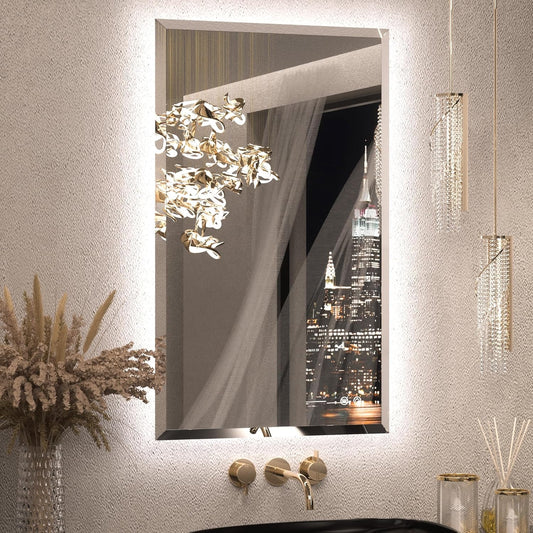 Keonjinn 40 x 24 Inch Backlit LED Mirror for Bathroom, Beveled Frameless Mirror with Backlight, Safe Tempered Glass, UL-Listed LED Driver, 3 Color Lights, Defogging, Decorative(Horizontal/Vertical)