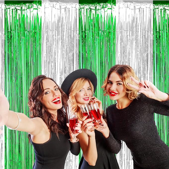 4 Pack Silver Green Foil Fringe Curtain Backdrop, 3.28Ft x 9.8Ft Metallic Tinsel Foil Fringe Streamers Curtains for Photo Booth, Wedding, Mardi Gras, Birthday Carnival St Patrick Day Party Decoration
