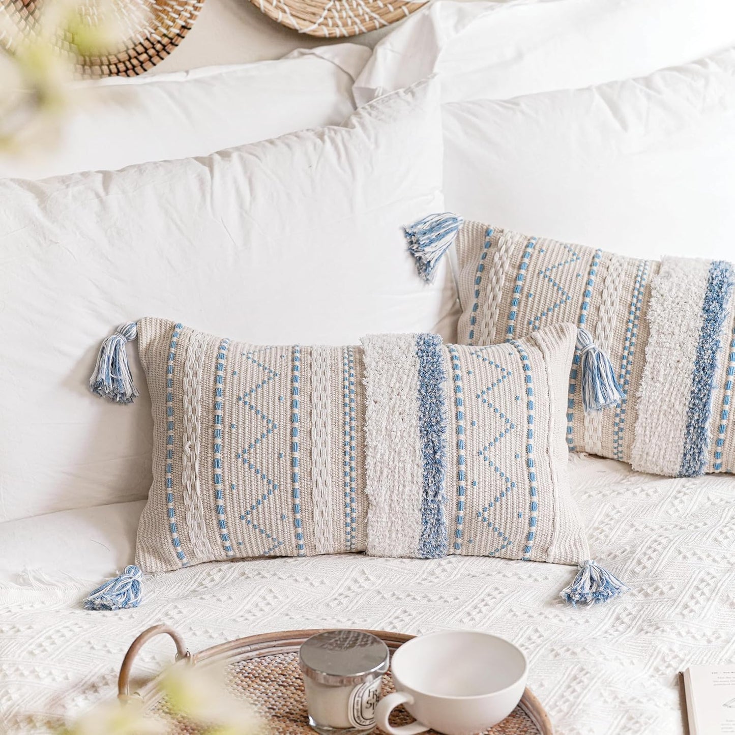 BlissBlush Blue Decorative Lumbar Throw Pillow Cover 12x20 Rectangular Boho Accent Pillowcase Neutral White Farmhouse Cushion for Couch Sofa Bedroom Living Home Décor (Cover ONLY, Pack of 1)