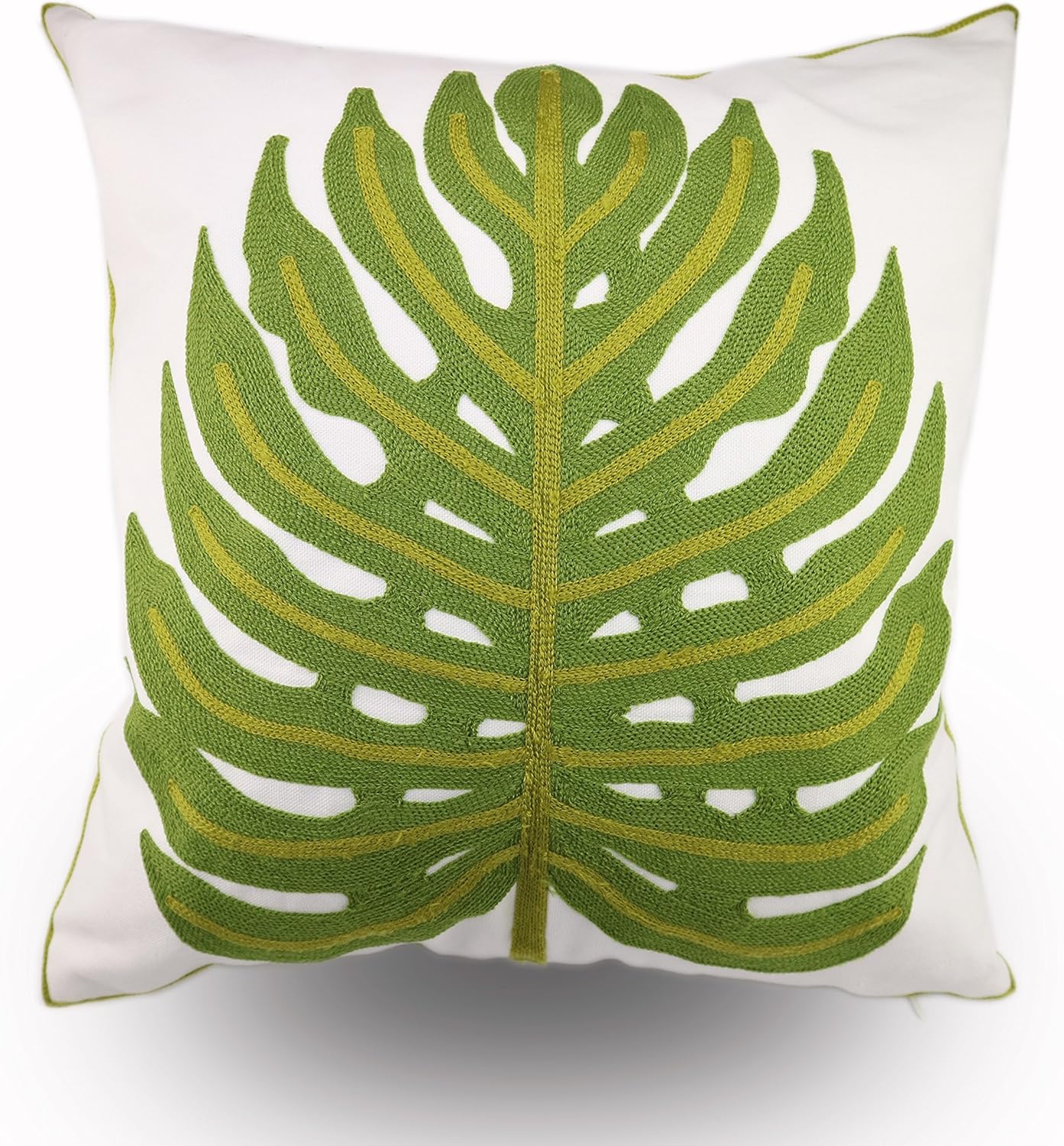 Embroidery Throw Pillow Cover 18x18 Decor Tropical Leaves Floor Pillow Cover for Couch Chair Bed Room 100% Cotton Cushion Cover 45x45cm Pillowcase, Green Leaf Plant Embroidered, Pack of 4
