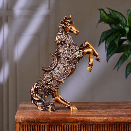Horse Statue for Home Decor - Office Showpiece Item - Golden Art 14'' Figurines Statues for Desk & Room Cabinet to Attract Luck and Wealth Resin Horse Ornaments Gift for Mother - 1pcs