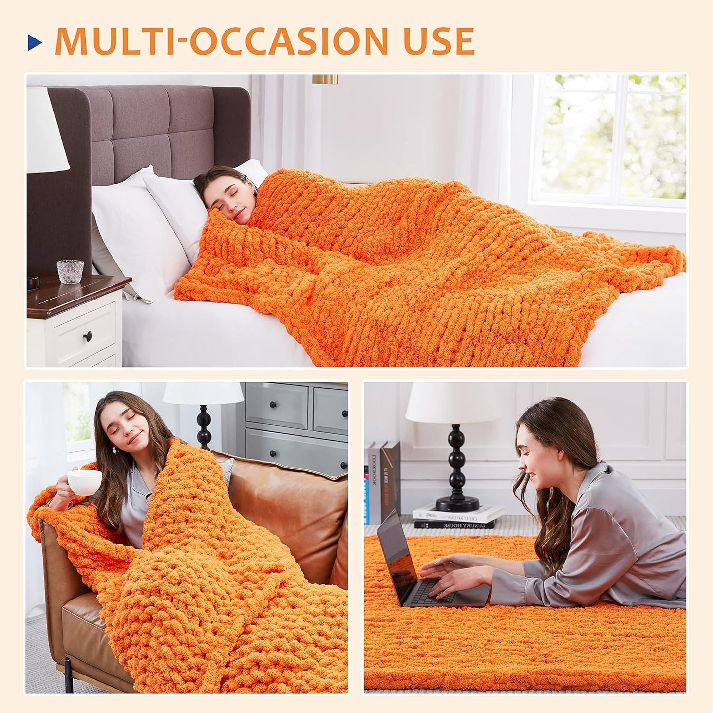 L'AGRATY Chunky Knit Blanket Throw: 80''x90'' Chenille Chunky Knitted Throw Blanket for Bed Couch - Handmade Thick Big Cable Knit Blanket - Large Chunky Crochet Rope Blanket for Home Decor(Orange)