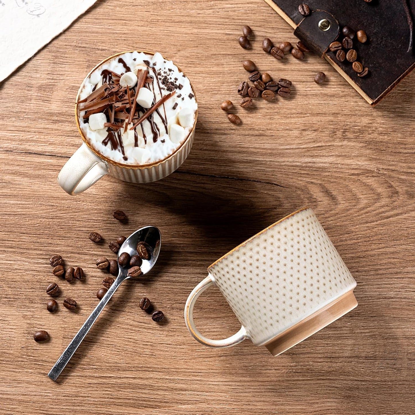 GBHOME 12OZ Stackable Coffee Mugs with Stand, Ceramic Coffee Mugs with Texture Patterns for Man,Woman,Dad,Mom, Modern Coffee Cups Set of 4 for Latte/Cappuccino/Cocoa. Dishwasher&Microwave Safe