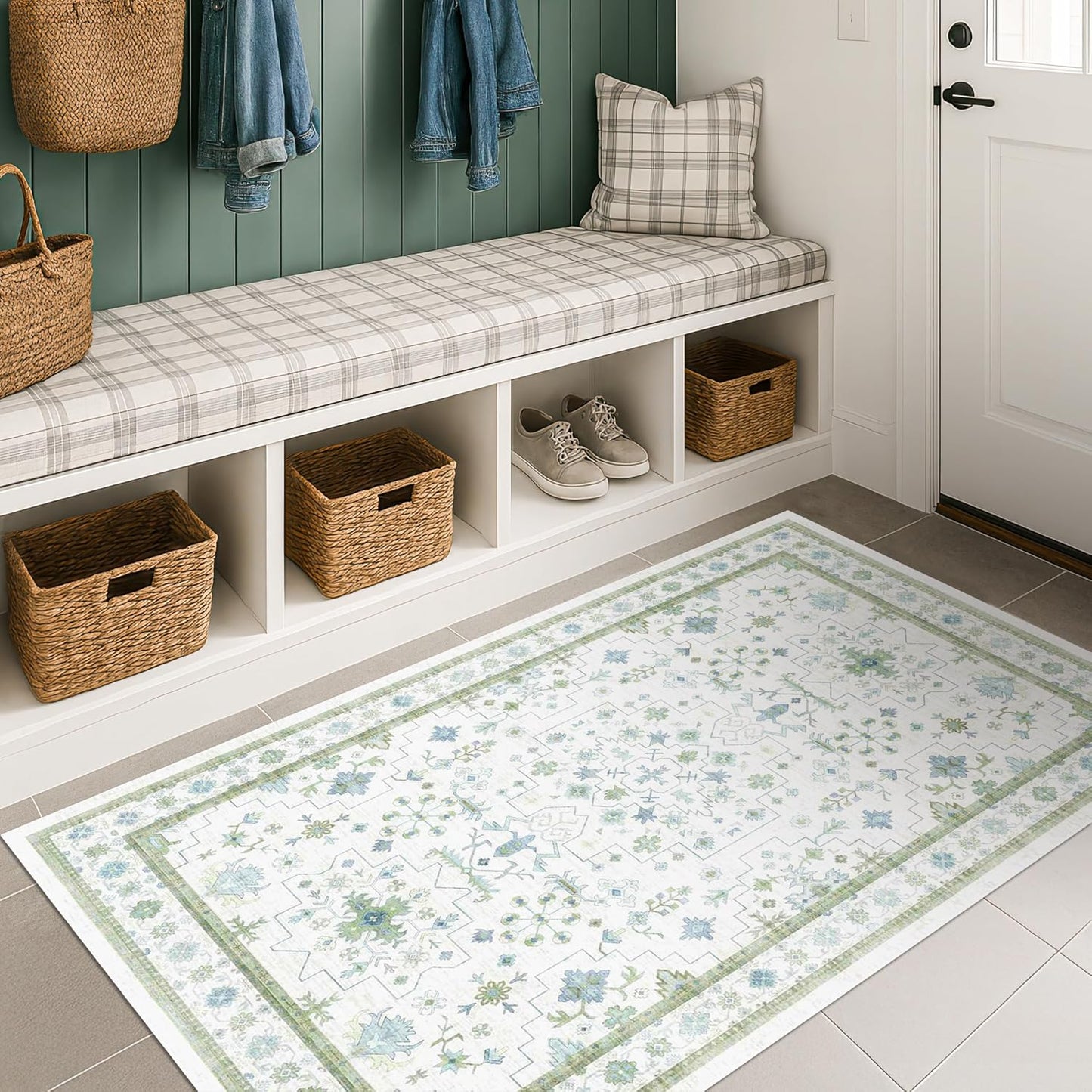 Cream Green and Blue 2x4 Boho Bathroom Rug - Oushak Floral Pastel, Washable Low Pile Non Slip with Rubber Backing Stain Resistant Entryway Rugs Indoor, Small Carpet for Kitchen, Bedroom, Laundry Room