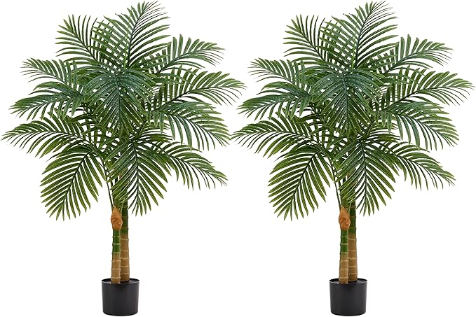 2PCS Artificial Palm Tree Indoor Plant 4FT Tall Fake Tropical Palm Tree in Pot with Real Bark Design Faux Areca Palm Tree for Home Office Living Room Bedroom Farmhouse Outdoor Decor (Black, 4FT-2PCs)