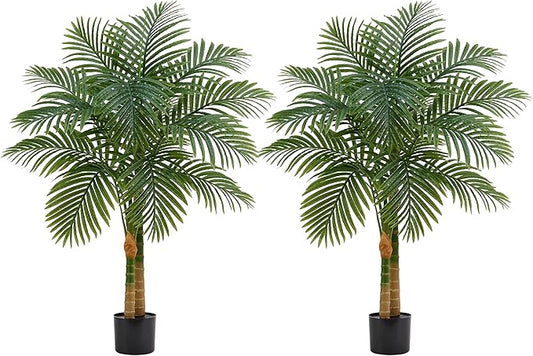 2PCS Artificial Palm Tree Indoor Plant 4FT Tall Fake Tropical Palm Tree in Pot with Real Bark Design Faux Areca Palm Tree for Home Office Living Room Bedroom Farmhouse Outdoor Decor (Black, 4FT-2PCs)