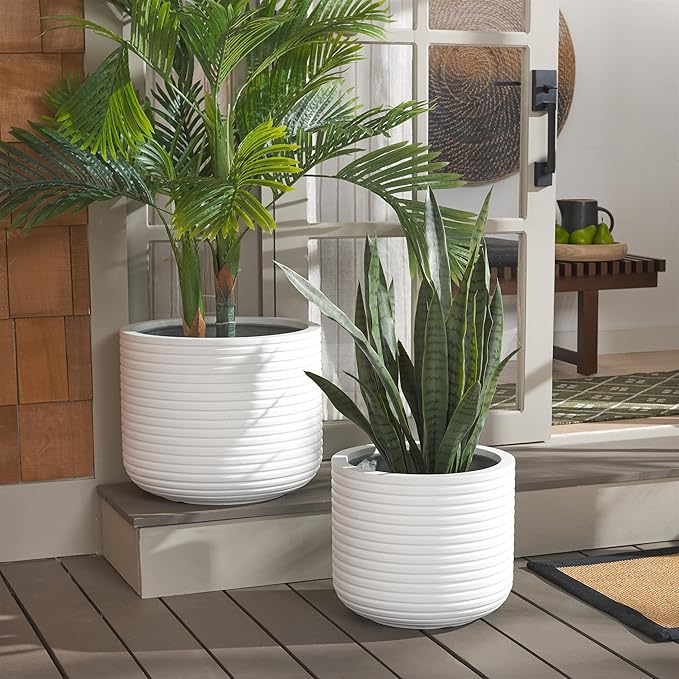 SAFAVIEH Outdoor Collection Nardo White Cement Ficonstone Planter Pot Set of 2