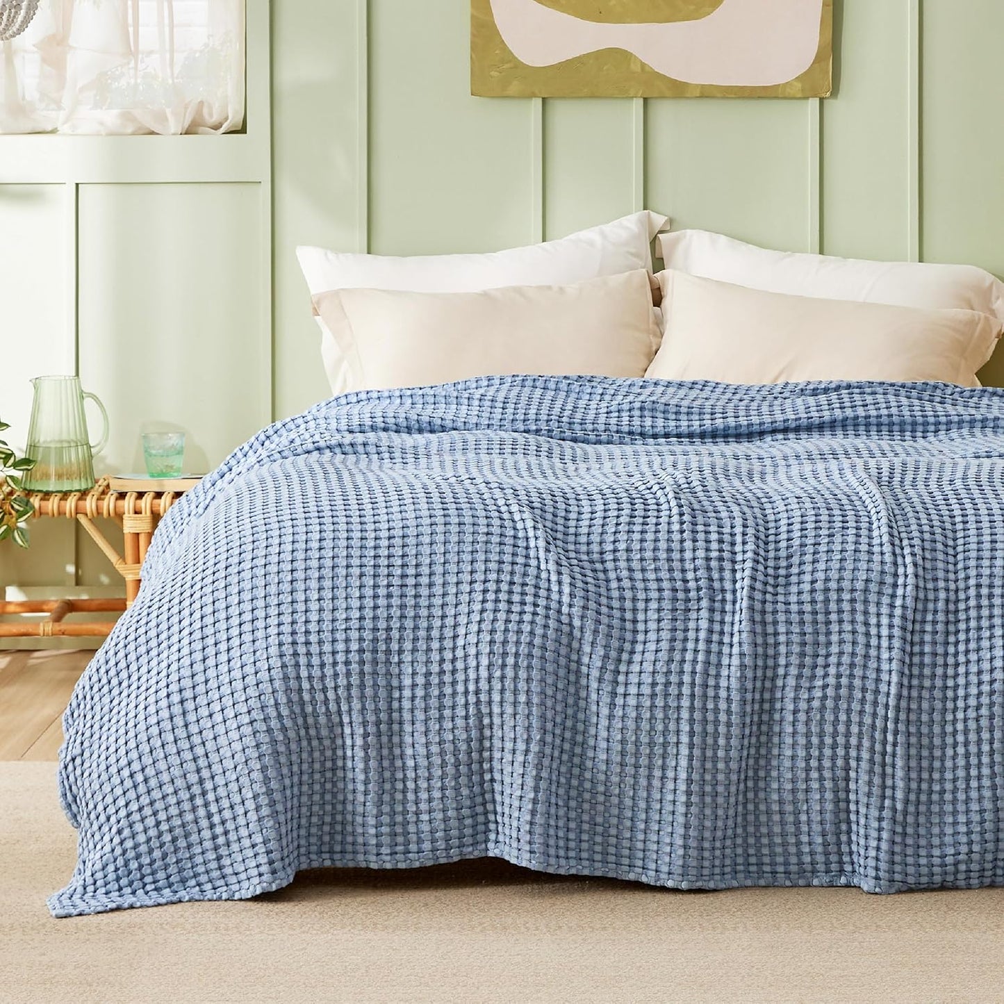 Bedsure Cooling Cotton Waffle Full Size Blanket - Lightweight Breathable Blanket of Rayon Derived from Bamboo for Hot Sleepers, Luxury Throws for Bed, Couch and Sofa, Fog Blue, 80x90 Inches