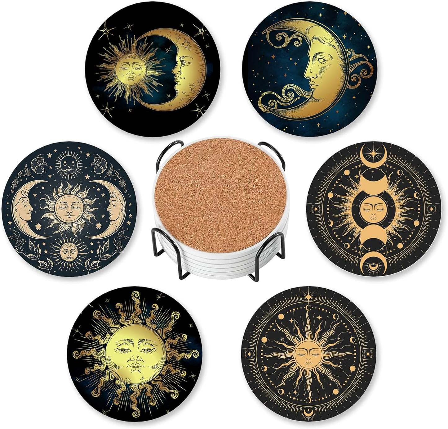 Drink Coasters for Drinks Set of 6,Golden Sun and Moon Absorbent Round Ceramic Stone Mat Coaster,with Cork Base and Metal Holder, Home Bar Decor House Warming Gift
