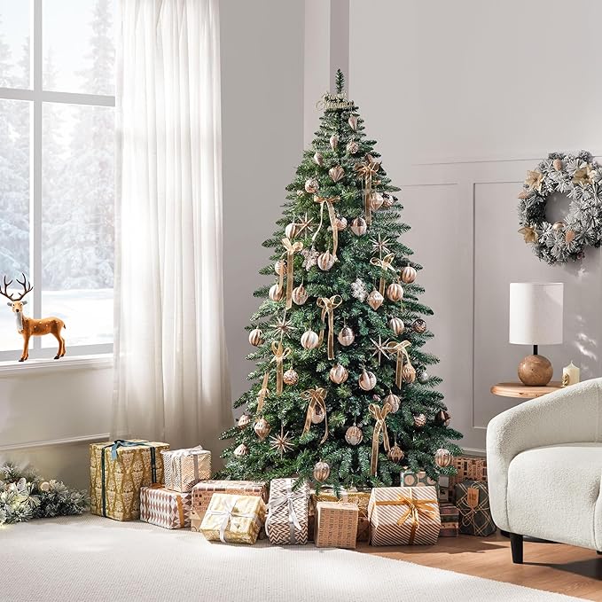 Yaheetech 6ft Pre-Lit Christmas Fir Tree with 400 Warm LED Lights & 940 PVC Tips,Hinged Holiday Decorative Tree with Foldable Stand & Protective Foot Caps,Green