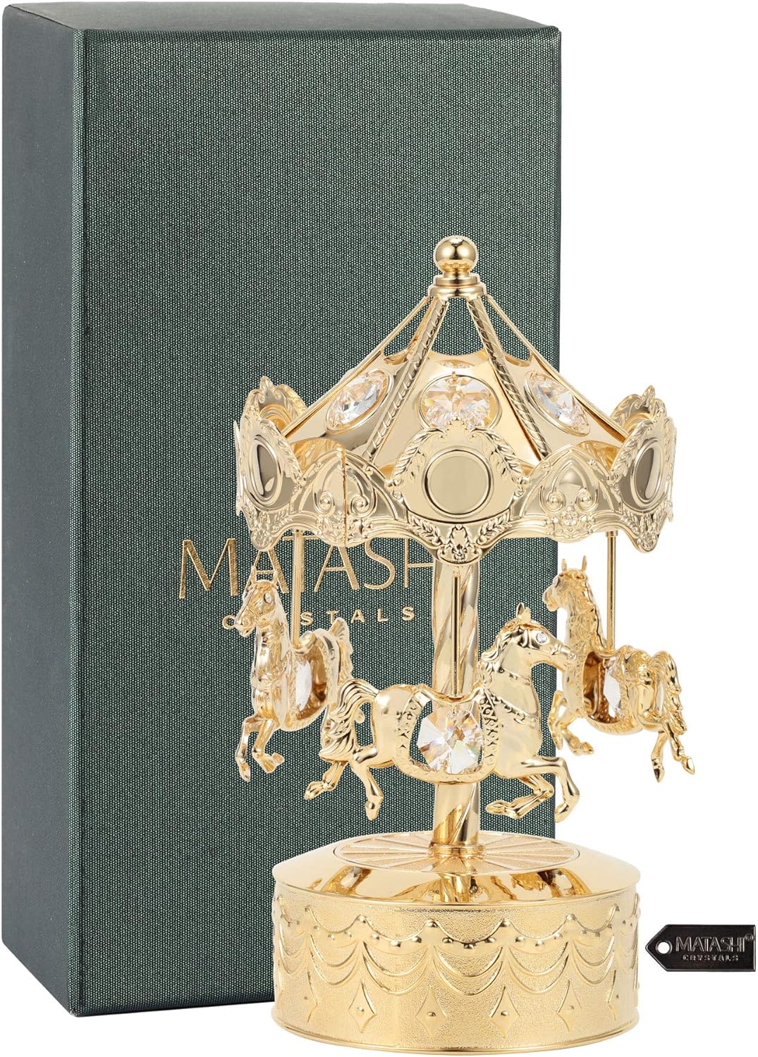 Matashi Tabletop Crystal Studded Music Box Carousel with Horses Figurine, Home Decorative Showpiece Ornament (24k Gold Plated) Gift for Birthday Mother's Day Valentine's Day Anniversary