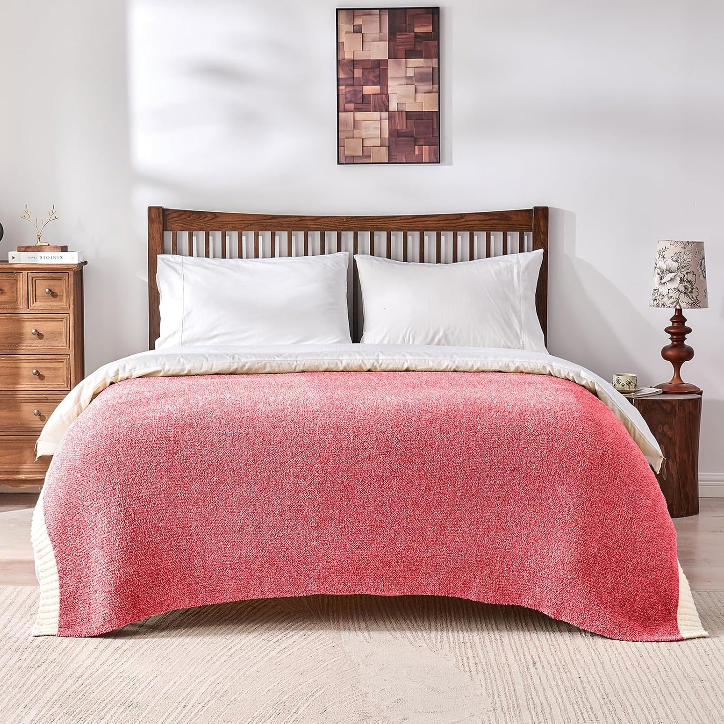 CozeCube Super Soft Fullfy Microfiber Reversible Knitted Blankets, Warm Cozy Fuzzy Plush Throw, Christmas red and White Melange Throw Blanket for Couch Bed Sofa, 50" x 60"