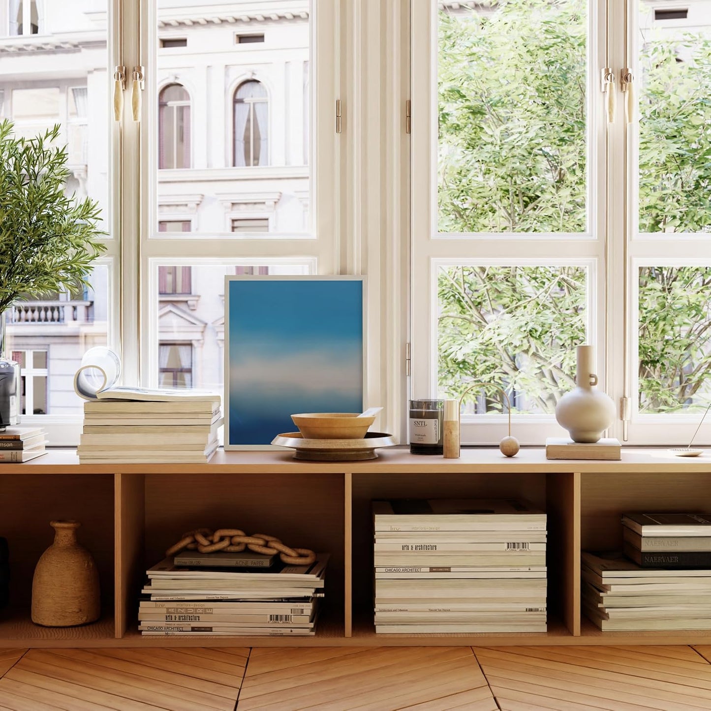 HAUS AND HUES Modern Abstract Wall Art - Blue and Green Living Room Art, Modern Artwork for Walls, Minimalist Picture for Living Room(Blue Tie-Dye, White Frame, 16x20)