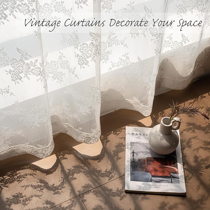 MEETSKY Short Lace Curtains 54 Inches Long Vintage Sheer Kitchen Curtains for Small Windows Back Tab Rod Pocket French Elegant Light Filtering Drapes, 50" W Each Panel, White, Set of 2