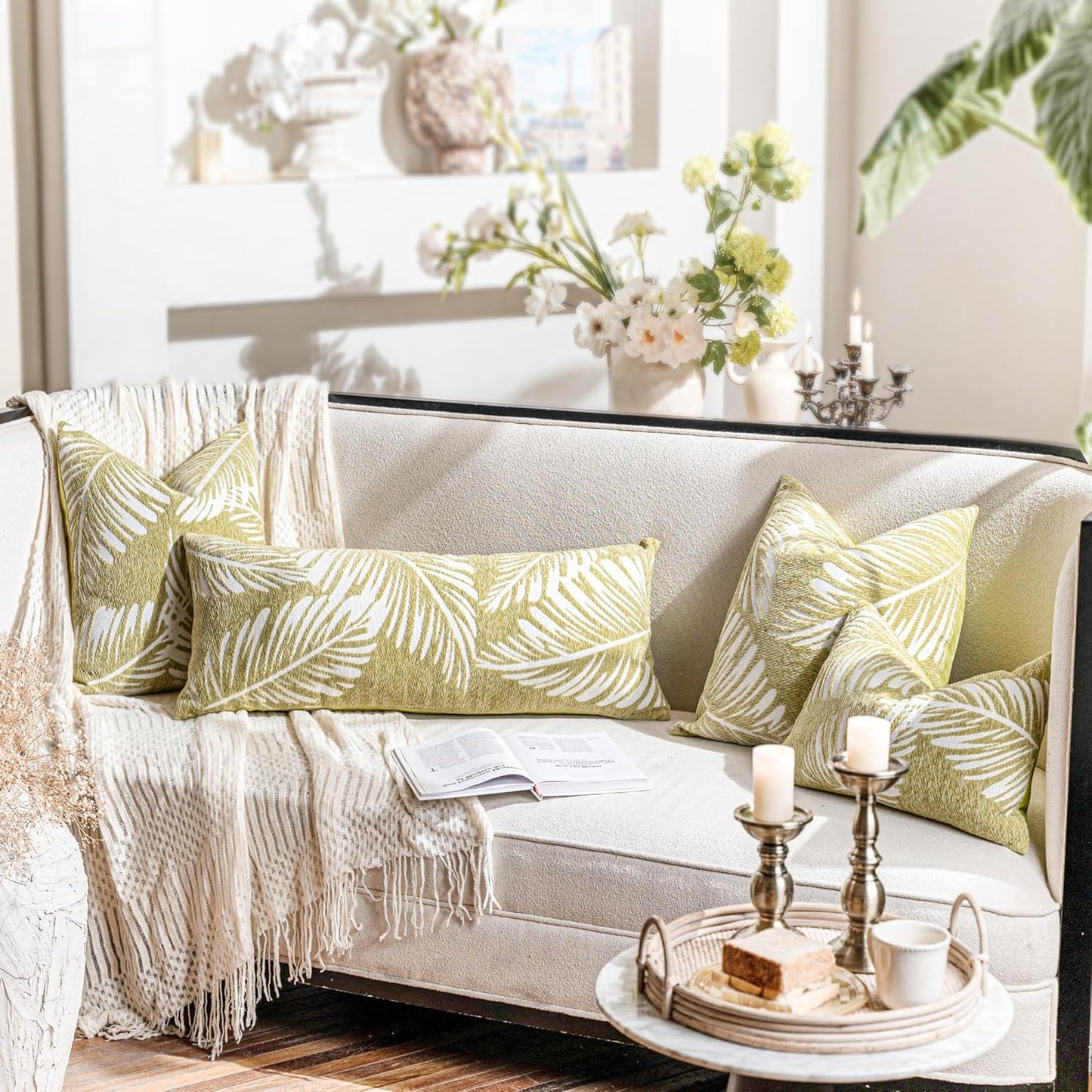 BlissBlush Green Boho Lumbar Throw Pillow Cover 14X36, Decorative Long Accent Body Lumbar Pillow for Bed, Farmhouse Woven Textured Lumbar Pillowcase for Couch (Cover ONLY)