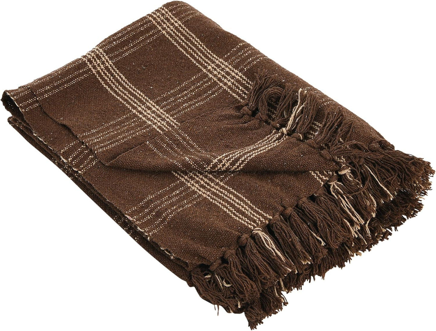 Creative Co-Op Recycled Cotton Blend Throw Blanket with Fringe, Brown Plaid