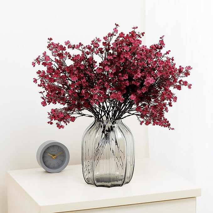 20pcs Babys Breath Artificial Flowers Gypsophila Bouquet Bulk Fake Spring Silk Small Flowers Real Touch Faux Floral for Home Bedroom Kitchen Garden Wedding Christmas Party DIY Decor (Wine Red)