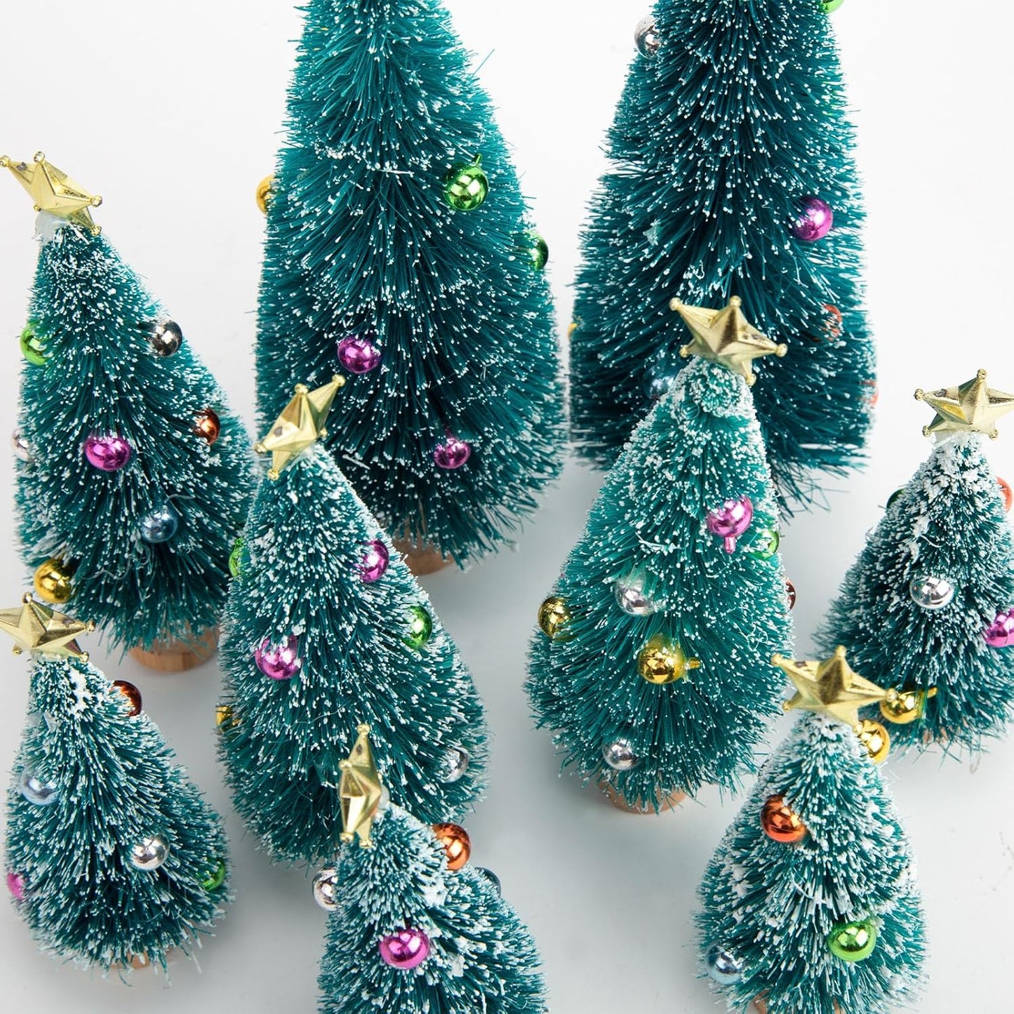 LOVEINUSA Mini Christmas Trees with Ornaments, 9PCS Sisal Snow Frost Trees with Wood Base for Table Top Decoration and DIY Diorama Models